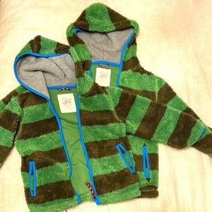 Boden Fuzzy Jersey Lined Jacket Green/Brown with Blue Accents